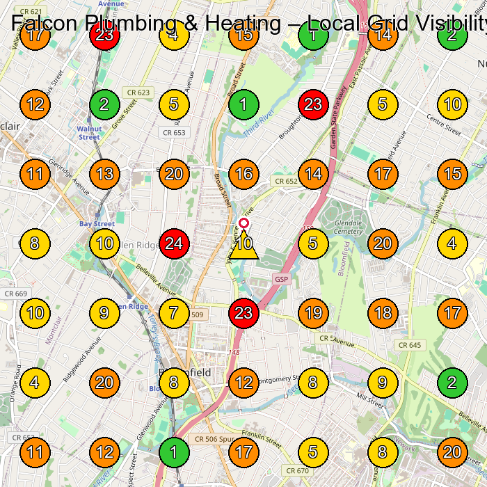 Falcon Plumbing & Heating Hvac Contractor GeoGrid ranking map for Bloomfield NJ